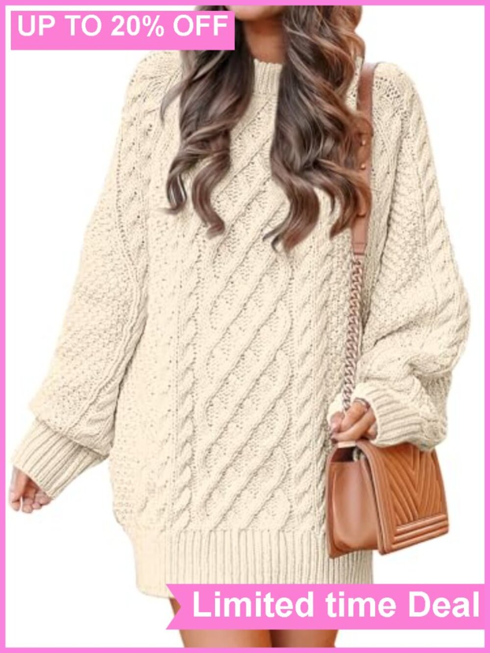 Oversized Cable Knit Sweater Dress Long Sleeve Crew Neck Acrylic Casual